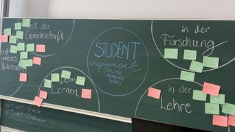 Die in der Bildunterschrift genannten Bereiche sind mit Kreide an eine Tafel geschrieben. In der Mitte steht STUDENT engagement, FEELING, THINKING, DOING. Zu den jeweiligen Bereichen sind Karteikarten aufgeklebt.