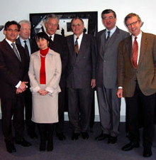 Mitglieder des Hochschulbeirats zusammen mit dem Rektor der MUL: Saxe, Arnold (Rektor), Winterhager, Engholm, Krüger, Wortberg